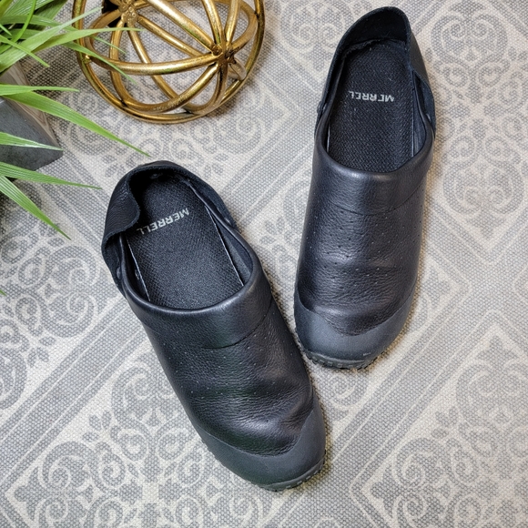 Merrell | 9.5 Improve Slides Black Leather Clog Mules Slip on collapsible heels - Picture 5 of 16